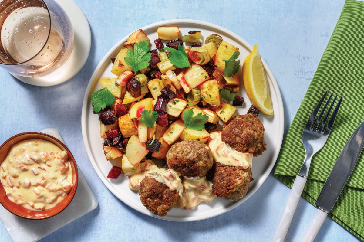 Beef Meatballs & Lemony Roast Veggie Toss