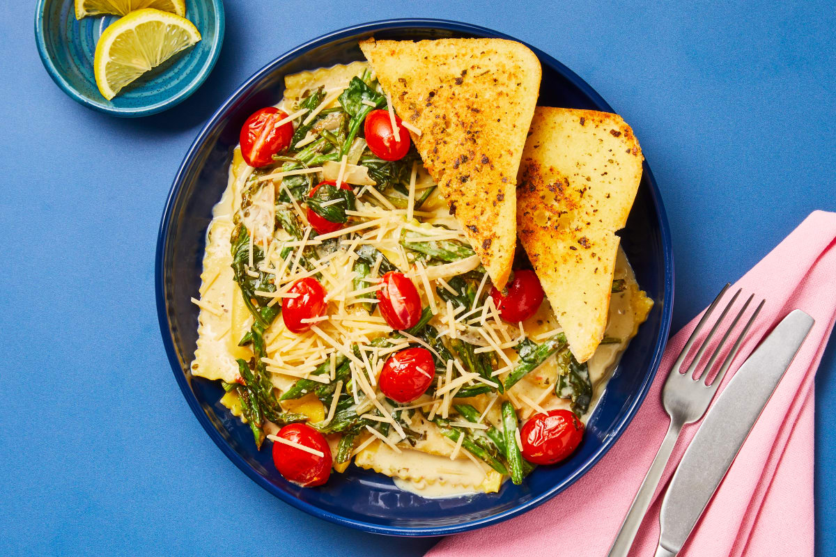 Ricotta Ravioli with Blistered Tomatoes & Asparagus