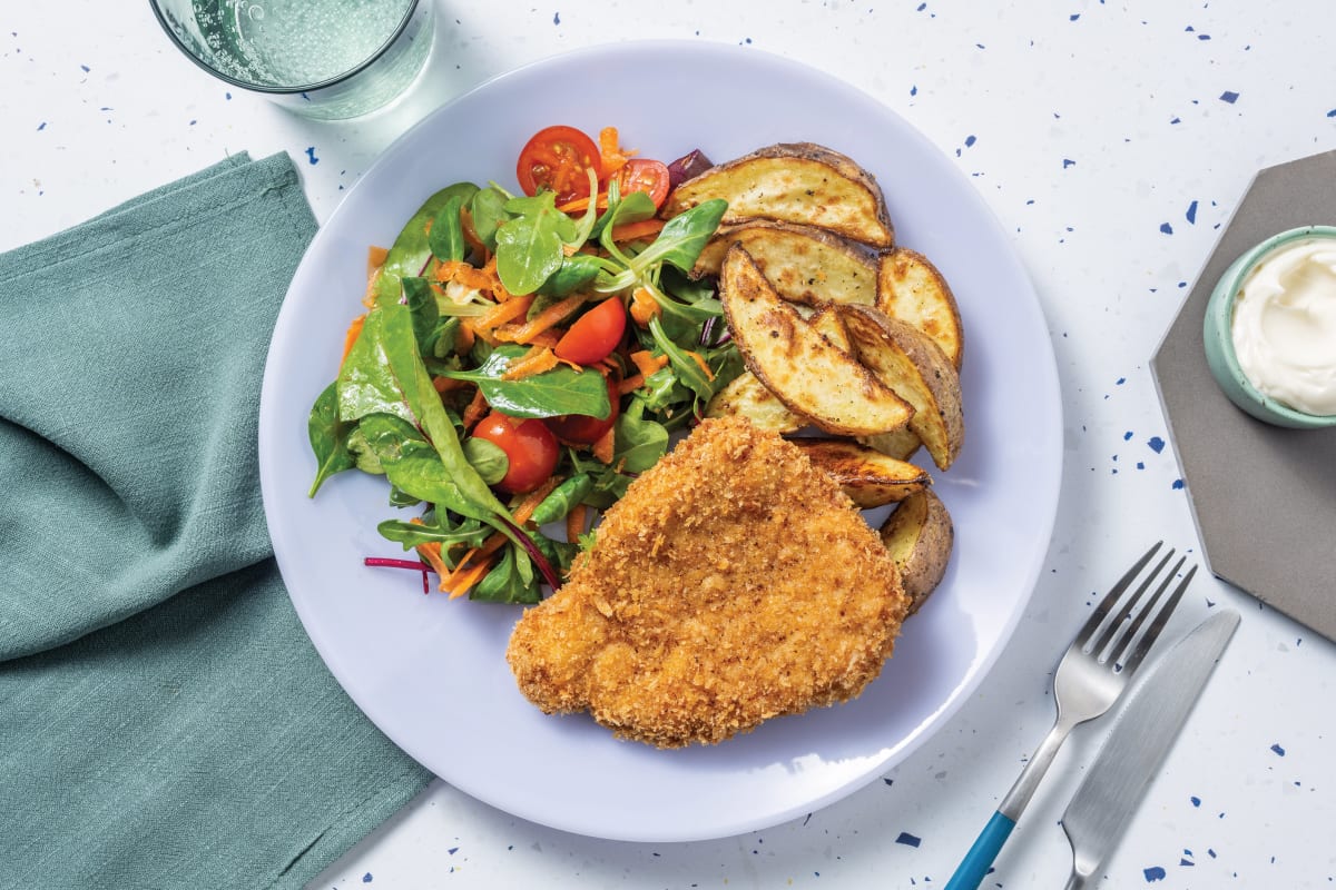 Crumbed Pork Schnitzel & Spiced Wedges