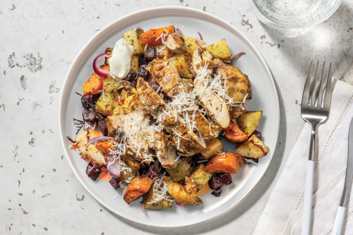 Spiced Chicken & Oregano Roast Veggie Toss