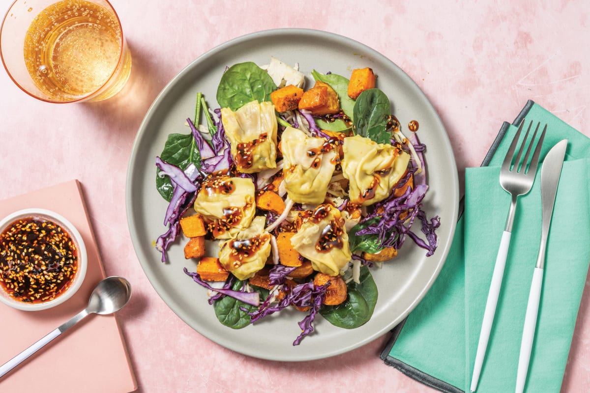 Prawn Wontons & Asian-Spiced Pumpkin Salad