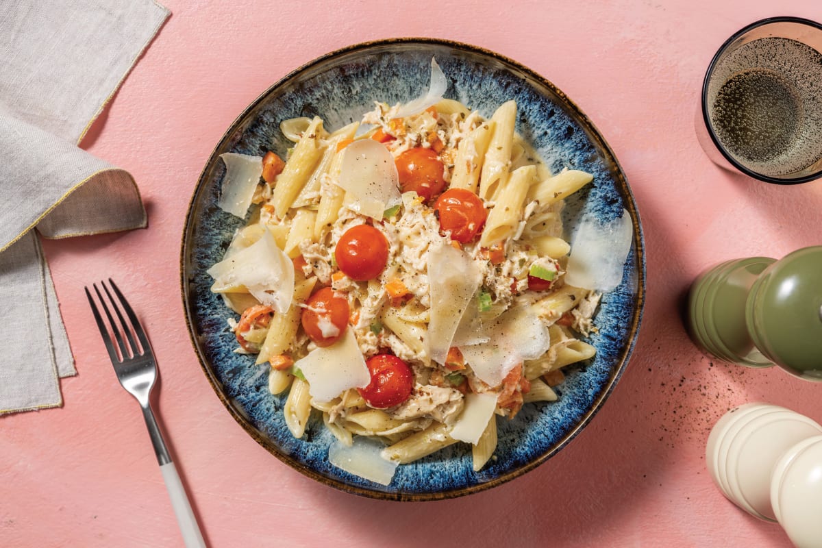 Creamy Pulled Chicken & Cherry Tomato Penne