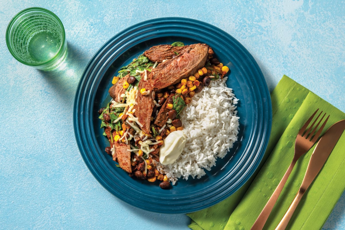 Tex-Mex Beef Brisket & Black Beans with Buttery Rice, Cheddar & Sour Cream