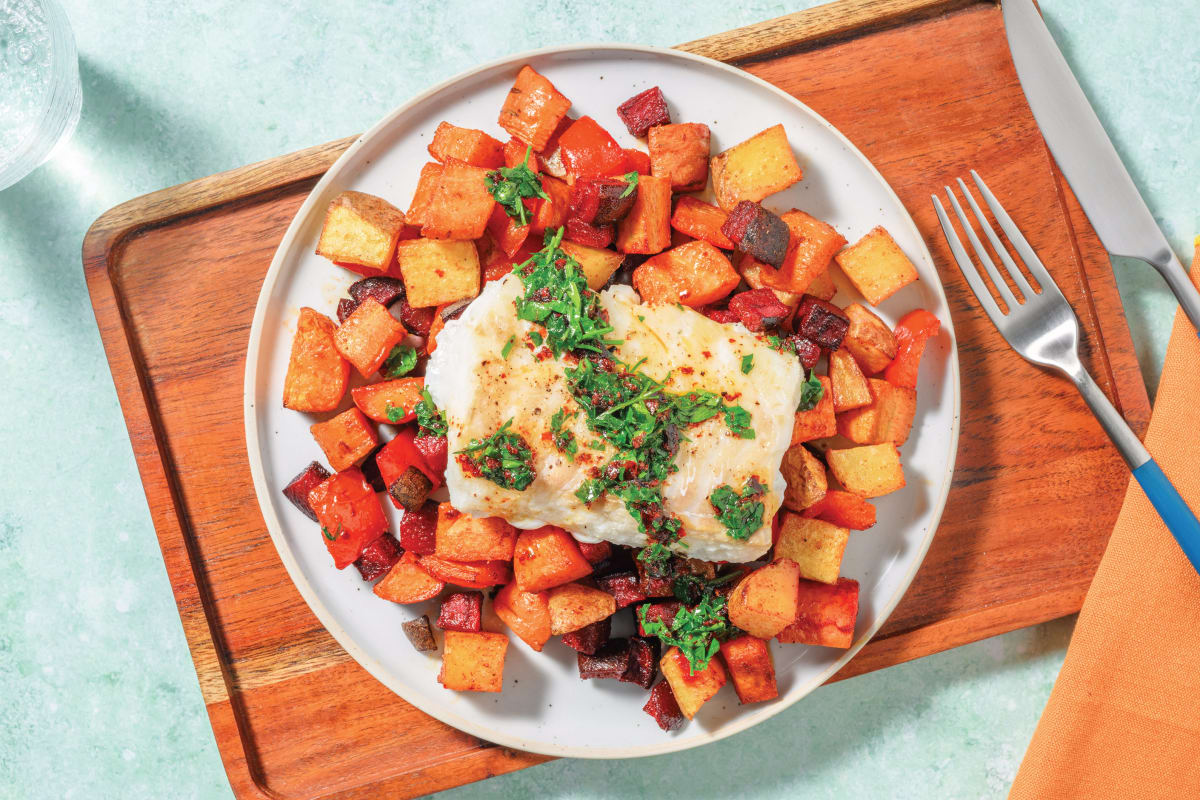 White Fish & Spiced Veggie Traybake