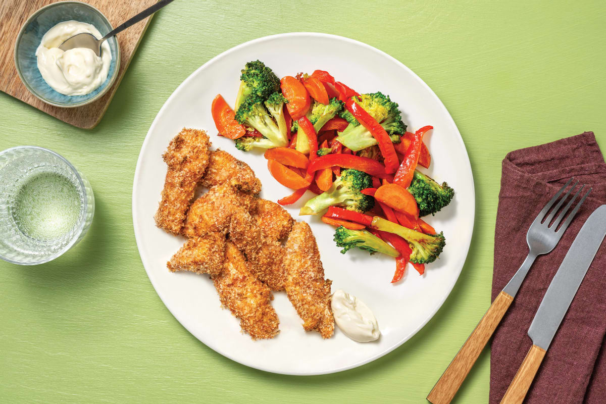 Parmesan Crumbed Chicken Strips & Garlic Veggies