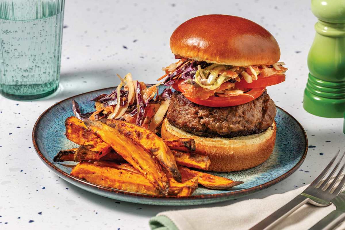 Double Spiced Beef & Creamy Pesto Slaw Burger