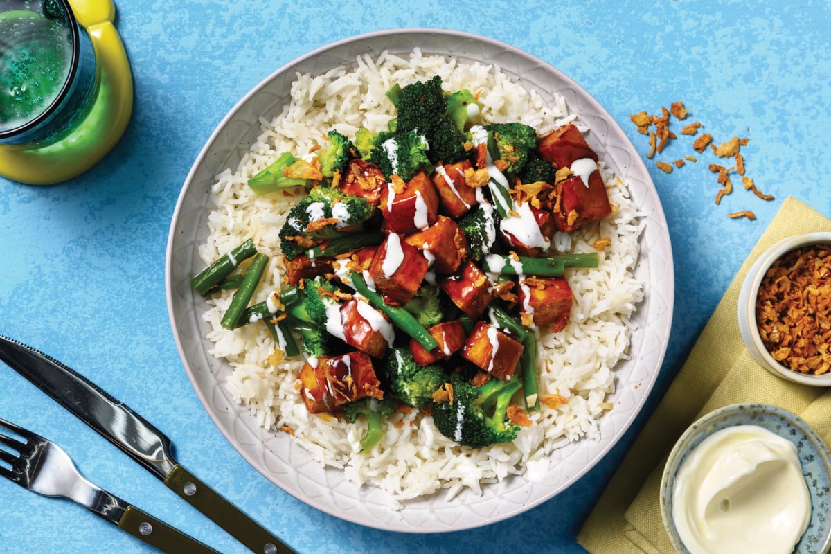 Sticky Chicken, Tofu & Garlicky Greens Stir-Fry