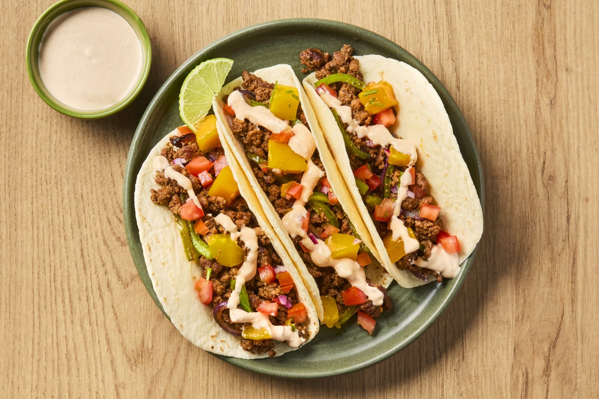 One-Pan Saucy Beef & Charred Pepper Tacos