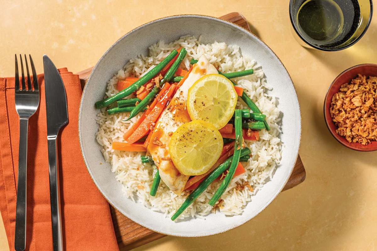 Chinese-Style Fish En Papillote, Prawns & Jasmine Rice