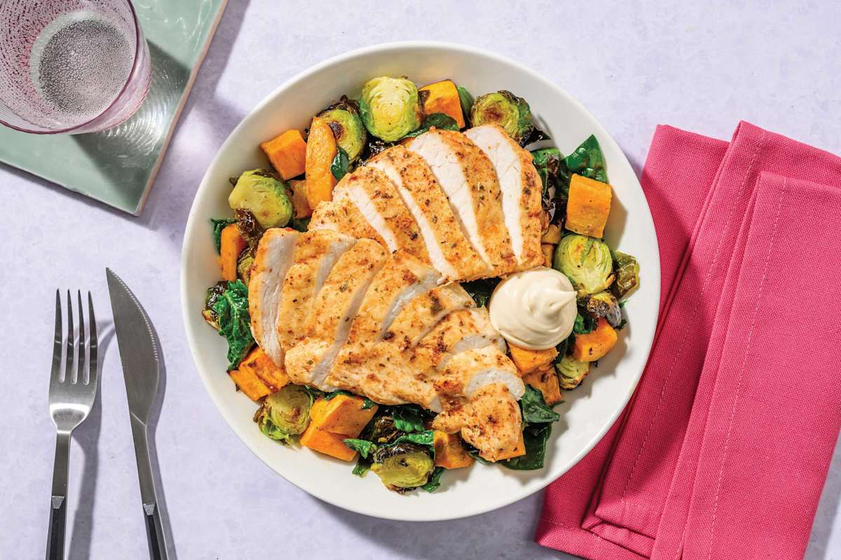 Fiesta Chicken & Cheesy Kūmara-Sprout Toss