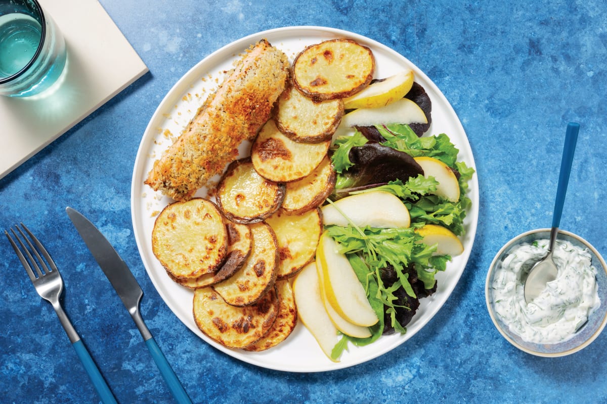 Crumbed Salmon & Golden Potato Rounds