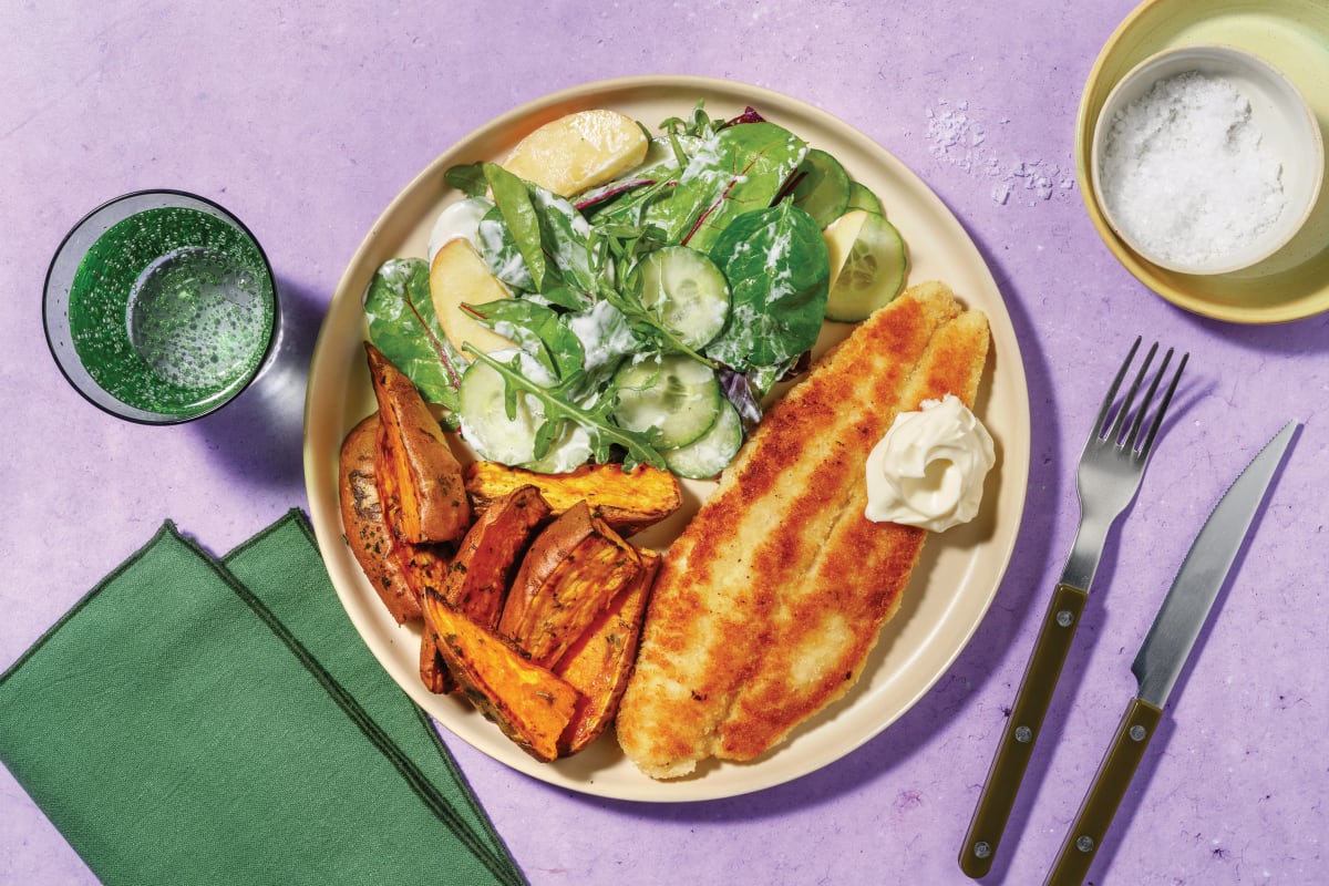Crumbed Fish & Herby Sweet Potato Wedges