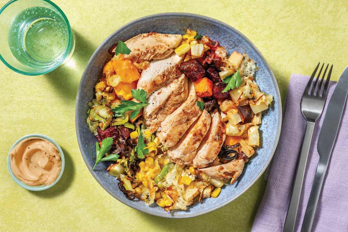 Seared Chicken & Cheesy Roast Veggie Medley