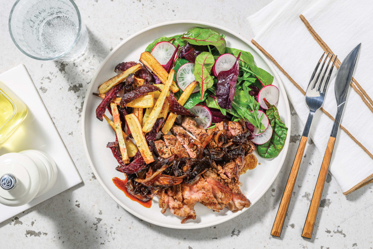 Herby Seared Steak & Cheesy Veggie Fries