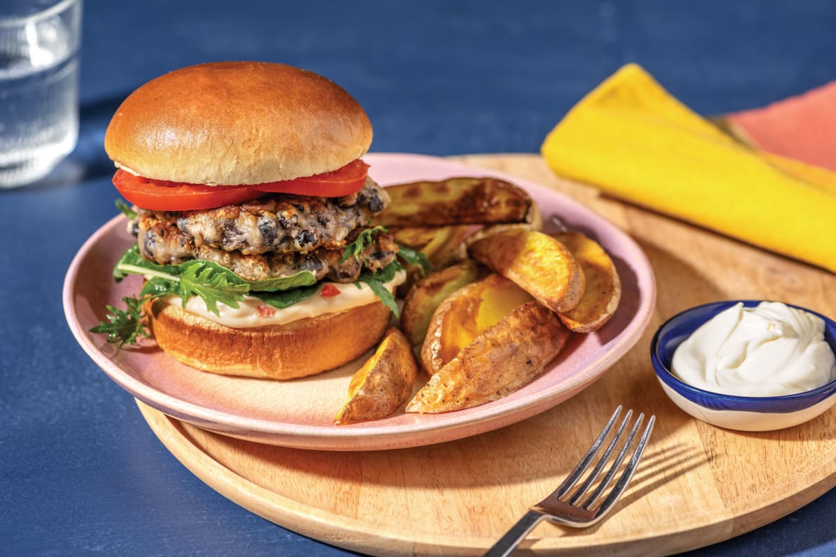 Louisiana Black Bean, Chicken & Cheddar Burger