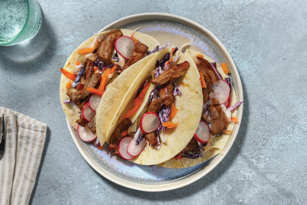 Quick Double Soy Beef & Radish Tacos