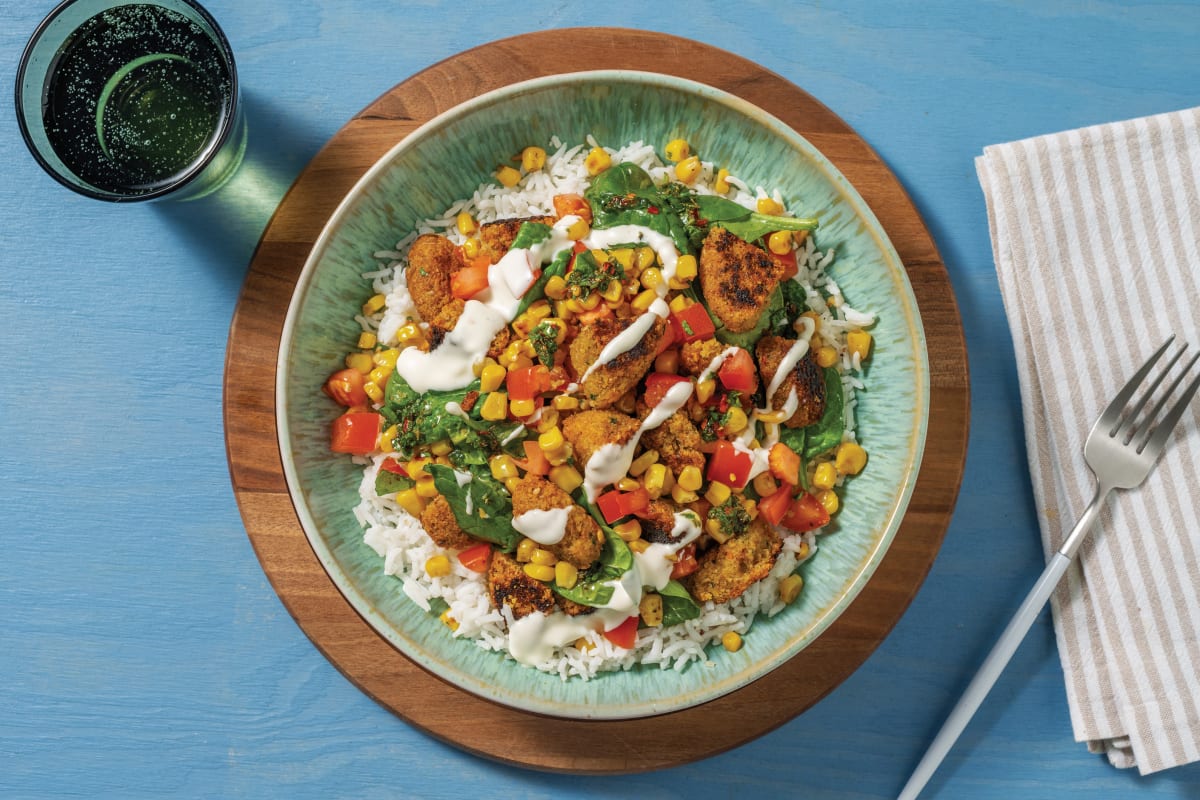 Spinach Falafel & Corn Salsa Rice Bowl