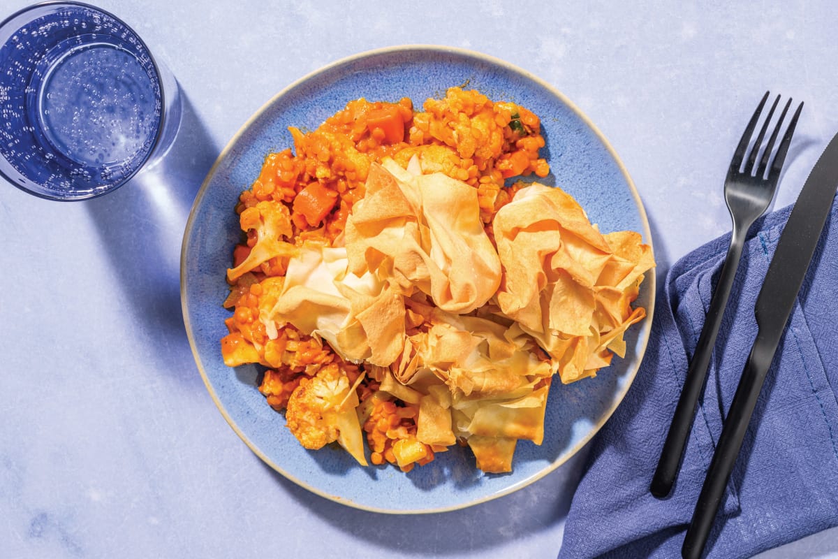 Indian Chicken, Lentil & Cauliflower Dhal Filo Pie