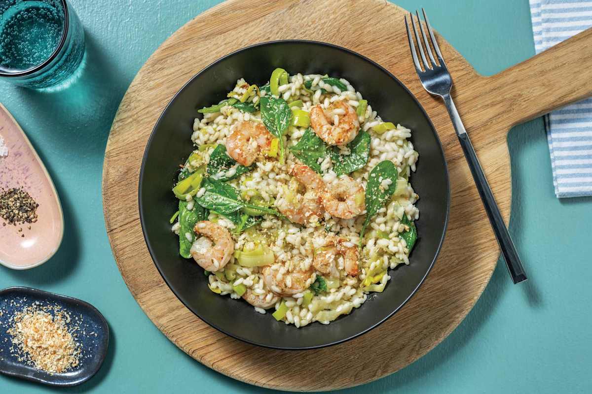 Easy Cheesy Pesto Prawn & Leek Risotto