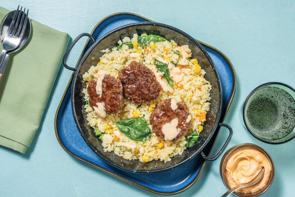 Double Glazed Beef Rissoles & Loaded Veggie Couscous