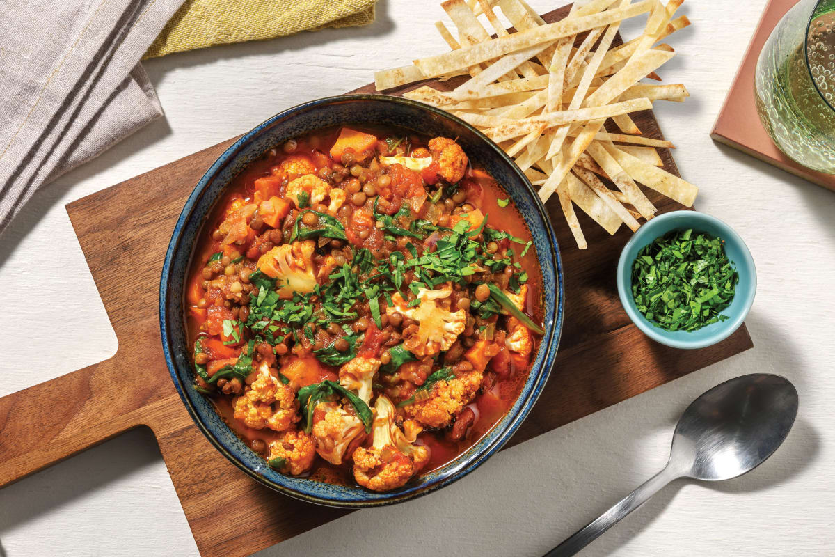 Chermoula Chicken, Lentil & Roast Veggie Soup