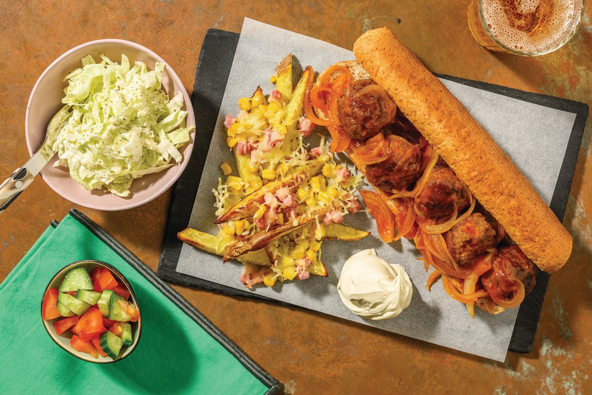 Buffalo Beef Meatball Subs & Bacon Loaded Fries