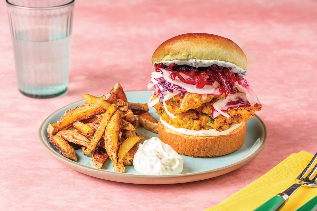 Corn Fritter Burger & Potato Fries