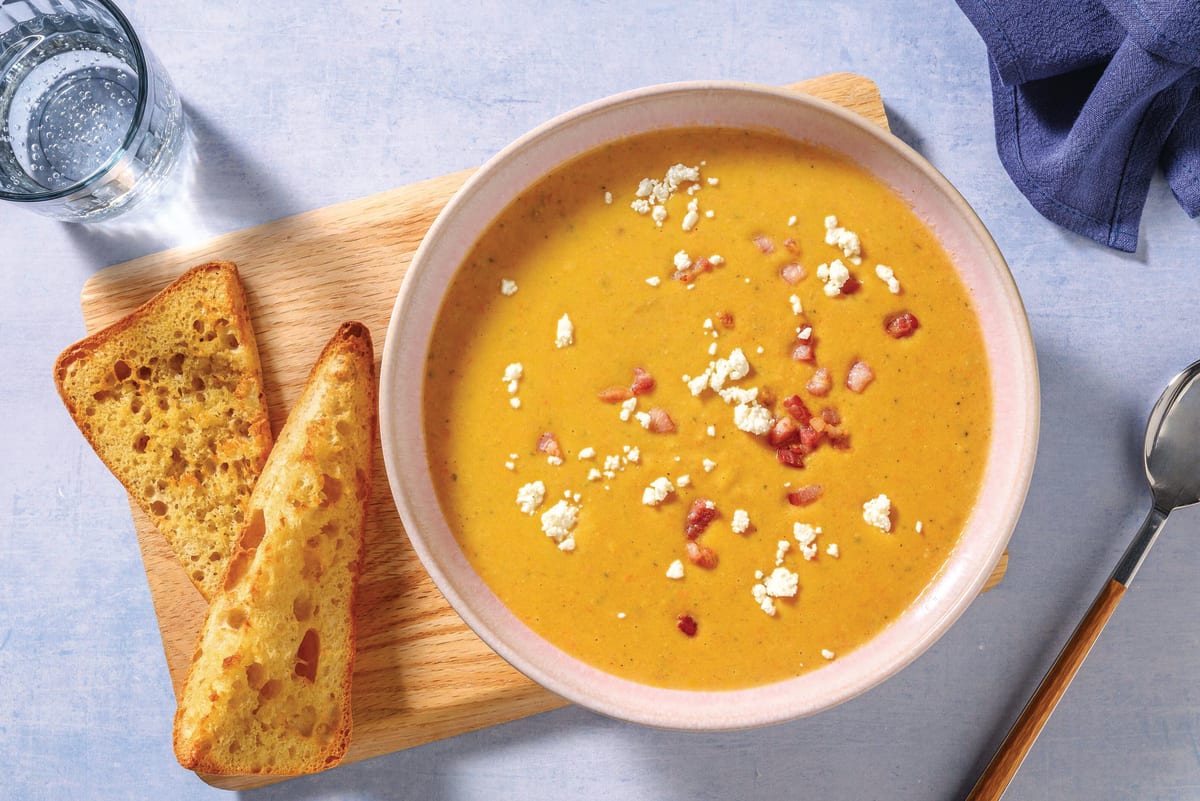 Creamy Roast Pumpkin Soup & Double Crispy Bacon