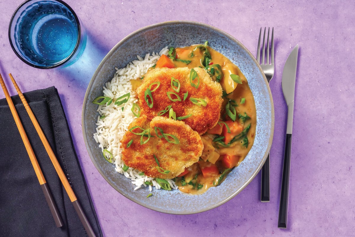 Crumbed Prawn Patties & Veggie Katsu Curry