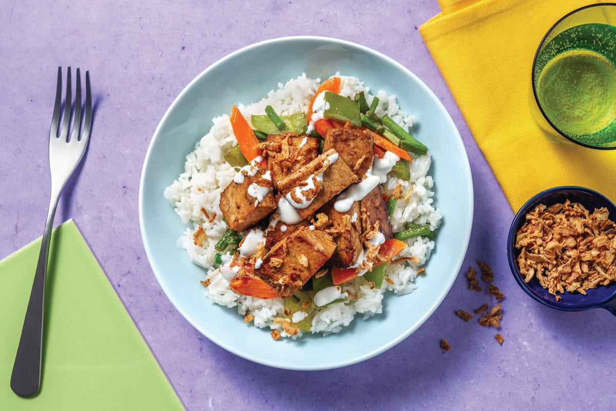 Sticky Tofu & Garlicky Veg Rice Bowl