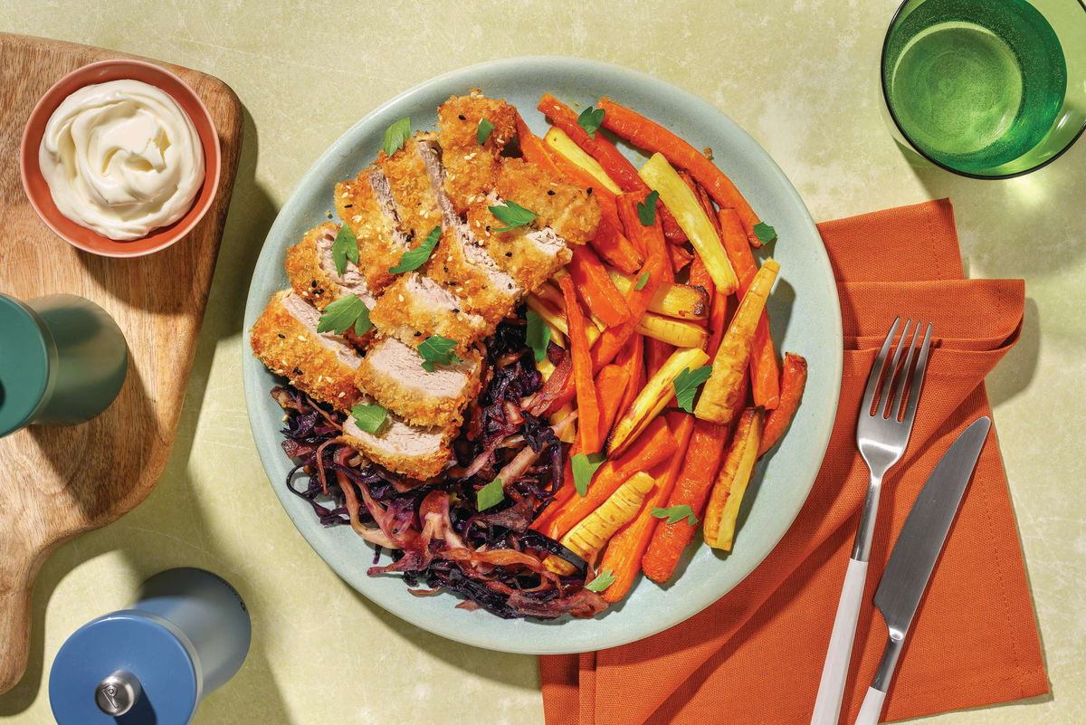 Sesame-Crusted Pork Schnitzel & Veggie Fries