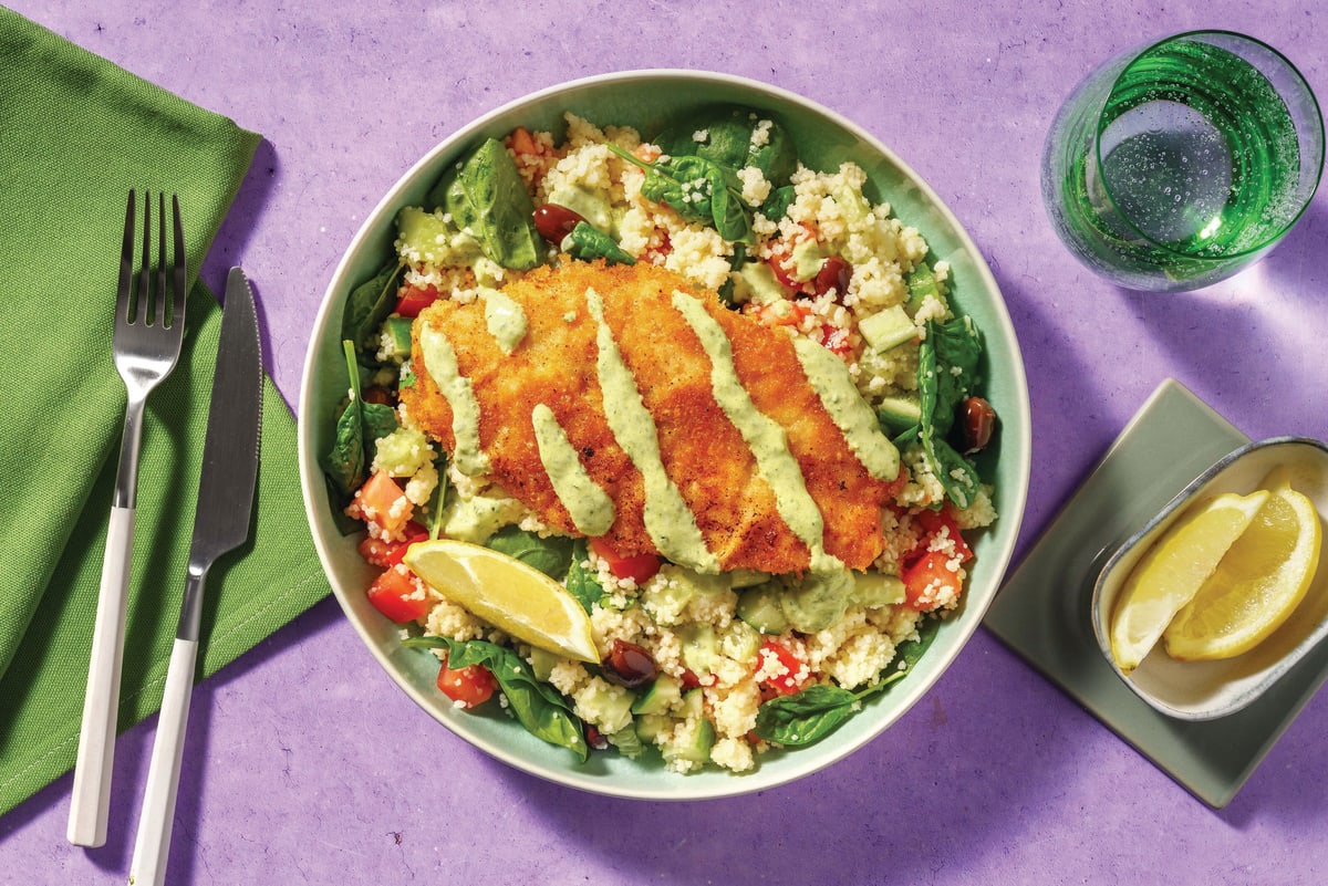 Easy Crumbed Fish & Olive Couscous Salad