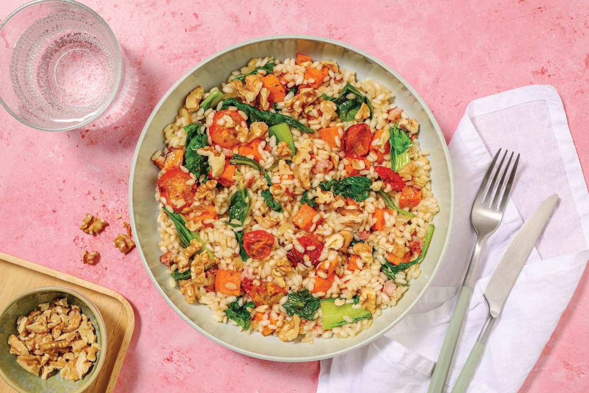 Garlicky Bacon & Sweet Potato Baked Risotto