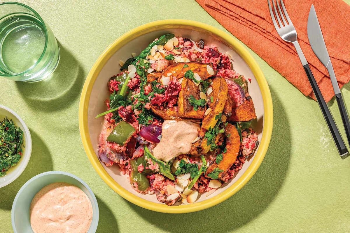 Chermoula Pumpkin, Haloumi & Rainbow Veg Couscous