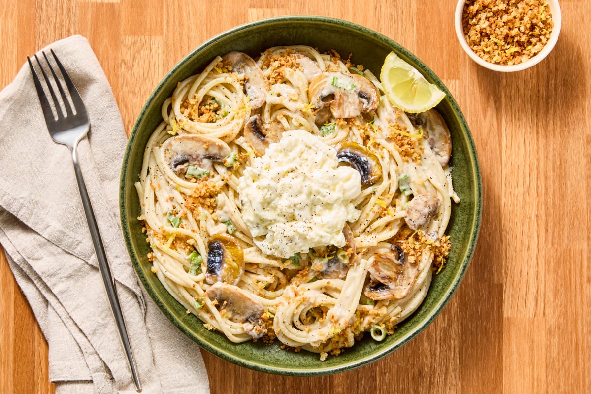 Creamy Mushroom Spaghetti With Burrata