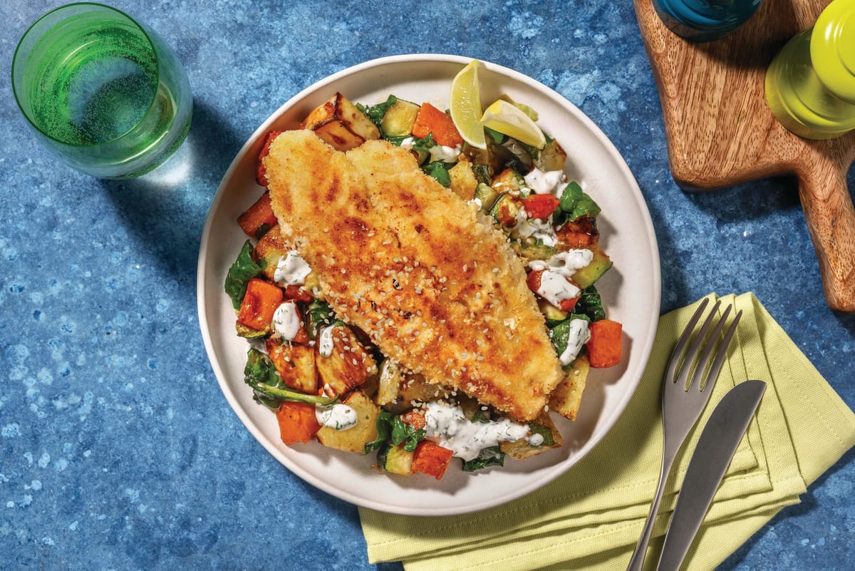 Crumbed Basa & Roast Veggie Medley