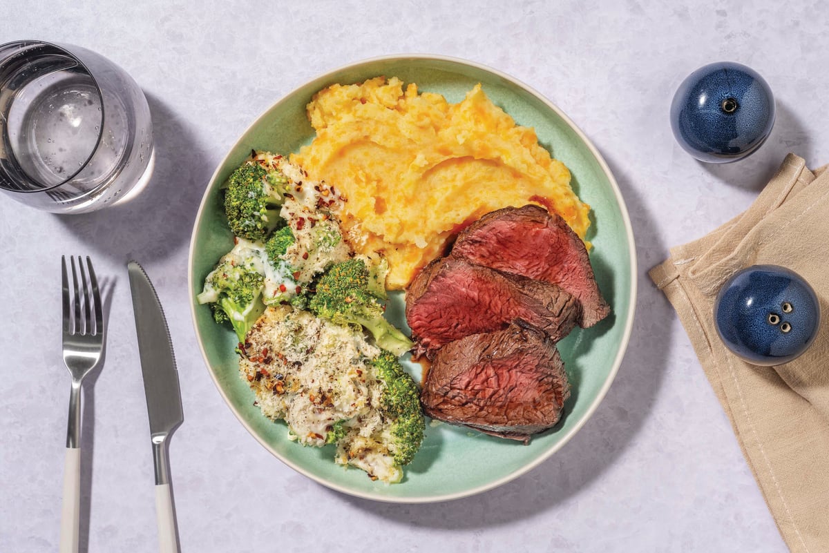 Sweet Glazed Beef Rump & Broccoli Gratin