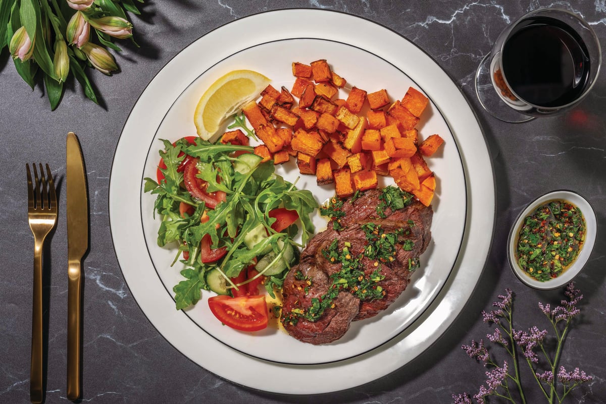 Chimichurri Flank Steak & Garlic Roast Pumpkin