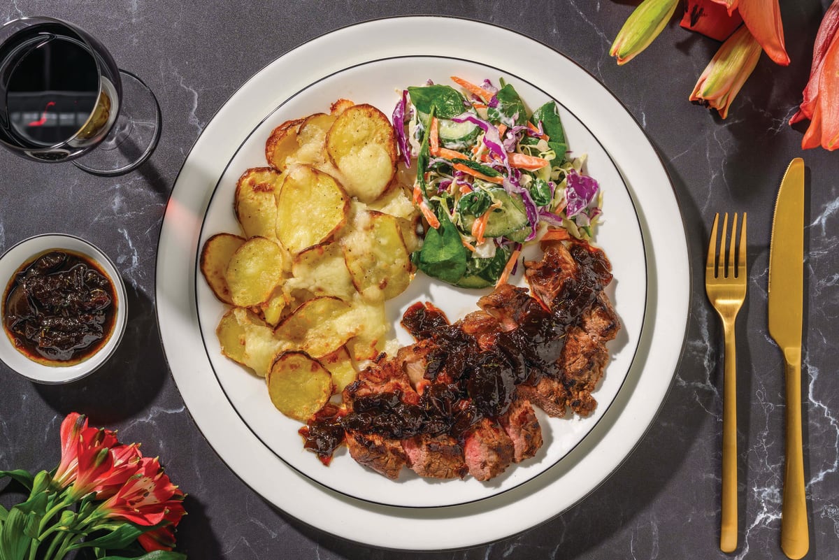 Sirloin Steak & Cheesy Roast Potato Rounds