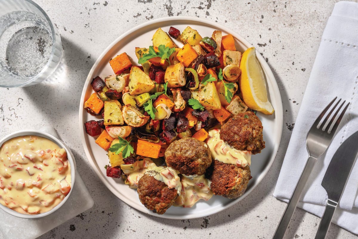 Beef Meatballs & Lemony Roast Veggie Toss