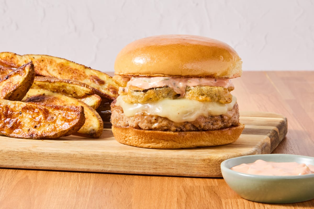 Cheesy Pork & Fried Pickle Burgers