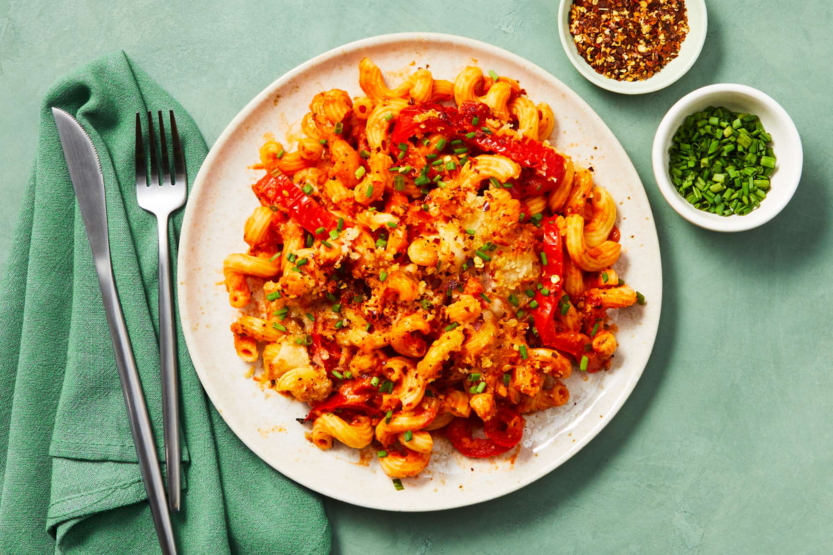 Shrimp, Pepper & Mozz Cavatappi Bake 