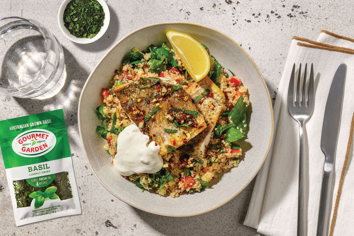 Quick Barramundi & Zesty Olive Couscous Salad