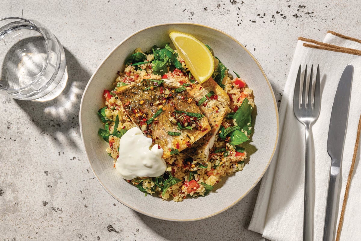 Quick Crumbed Basa & Zesty Olive Couscous Salad