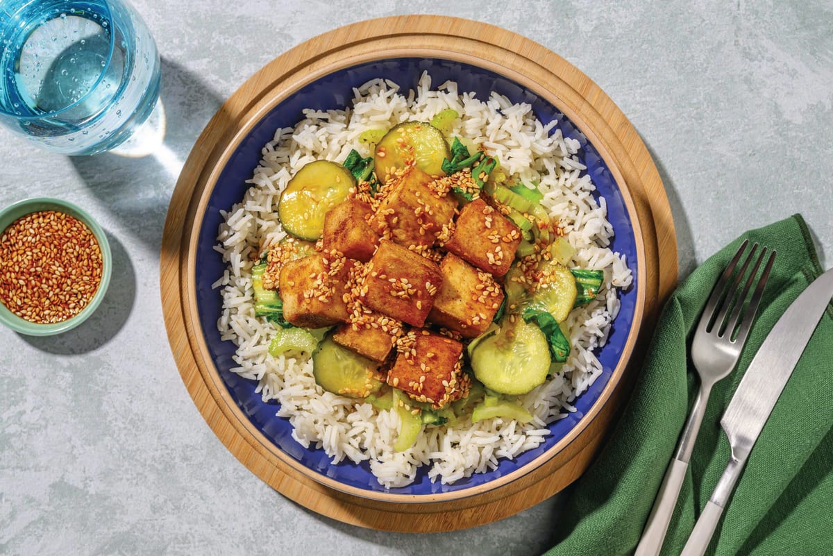 Sweet-Soy Tofu, Chicken & Greens Poke Bowl