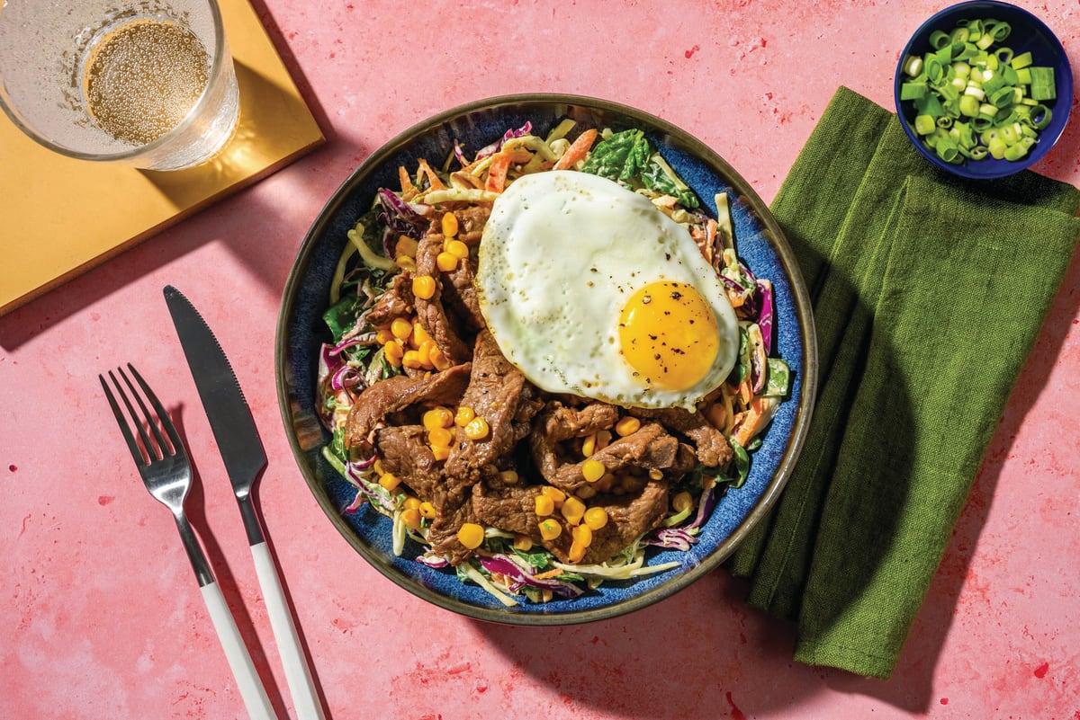 Quick Double Korean Ginger Beef & Corn Slaw Bowl