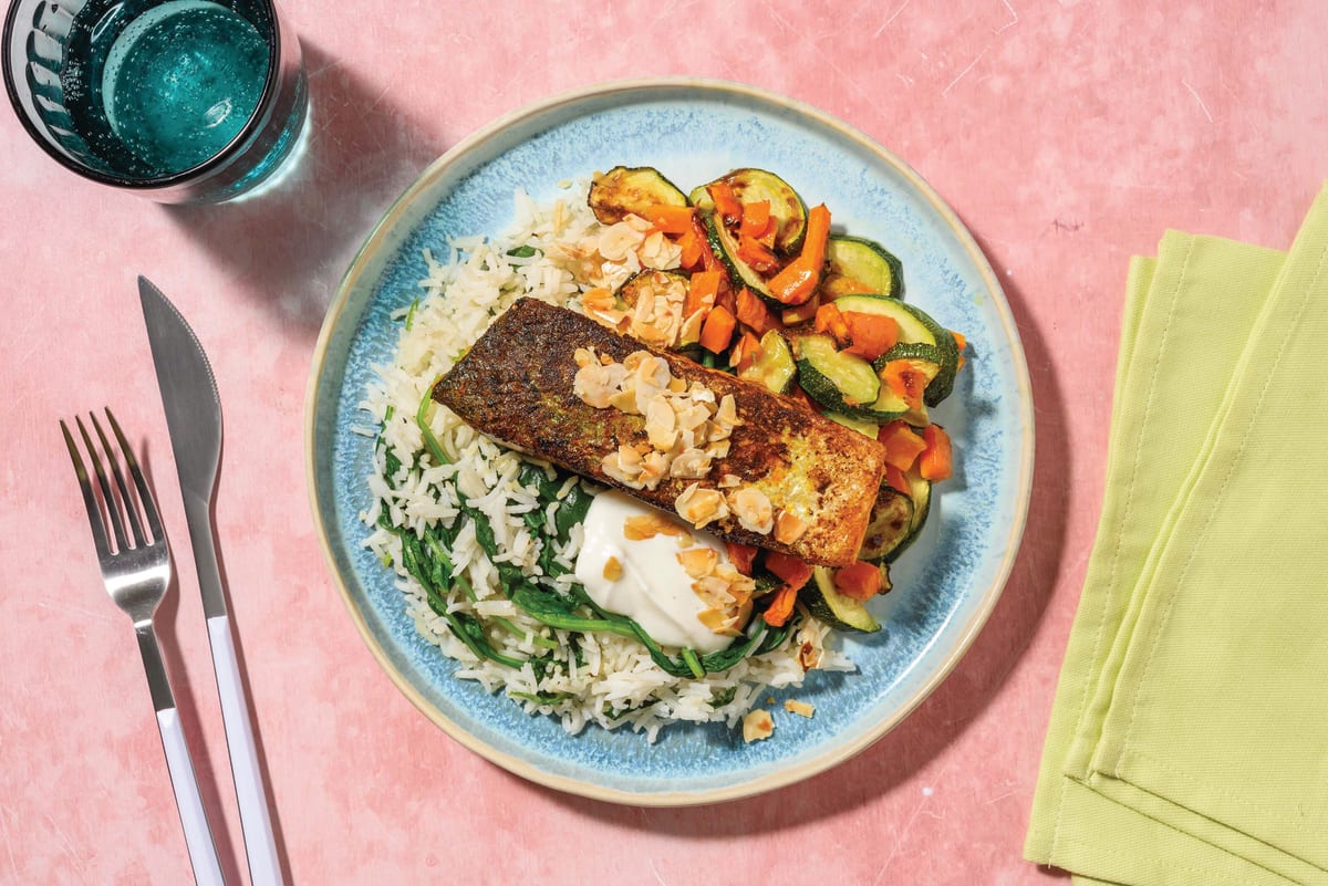 Chermoula Salmon & Leafy Garlic Rice