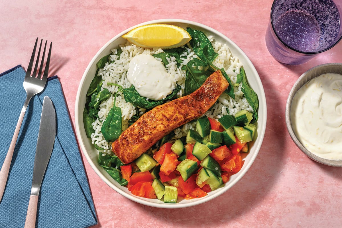 Easy Baja Salmon & Spinach Garlic Rice