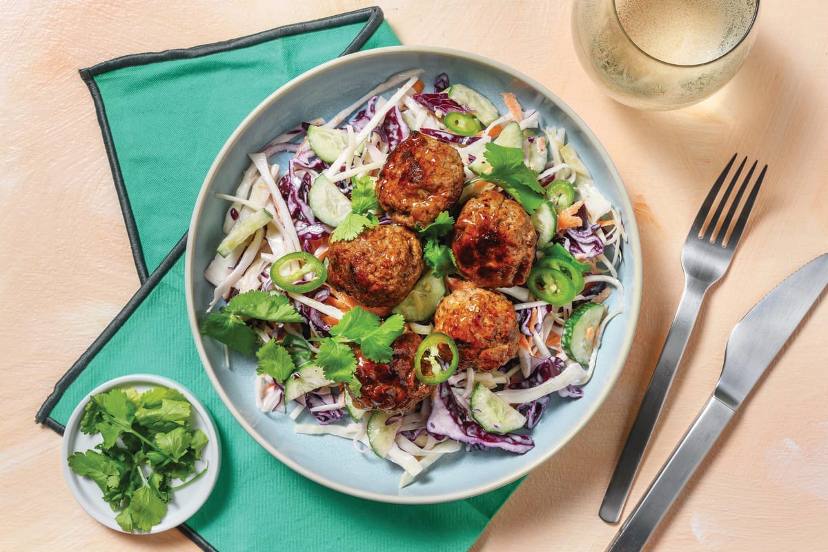 Easy Teriyaki Beef Meatballs & Asian Slaw