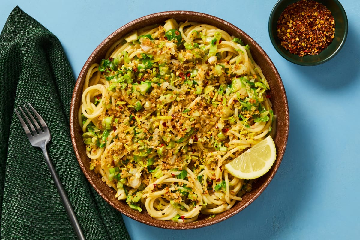 Spaghetti with Shrimp & Brussels Sprouts